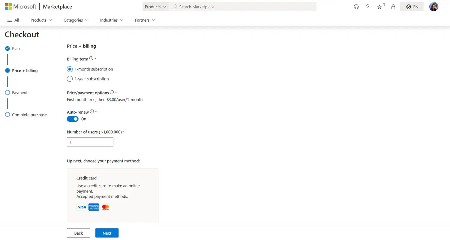 Screenshot of the Microsoft Marketplace showing how to select billing terms