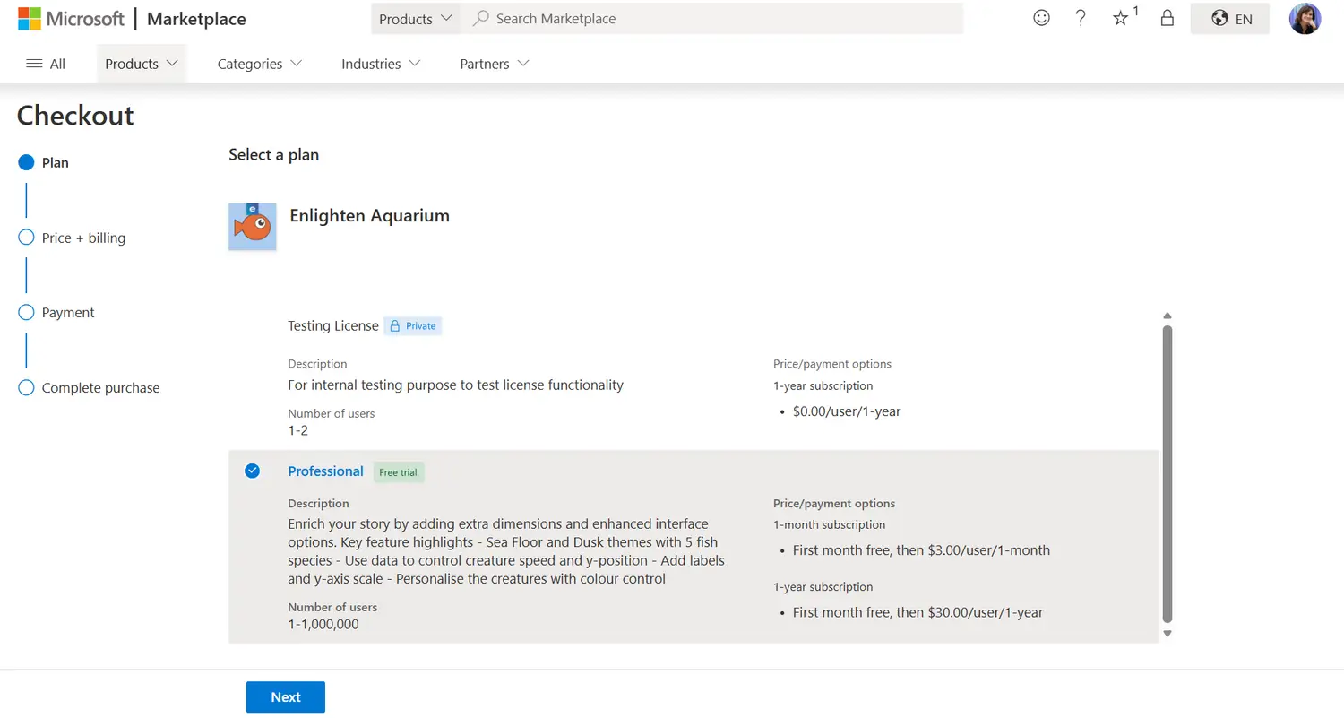 Screenshot of the Microsoft Marketplace showing how to select a plan