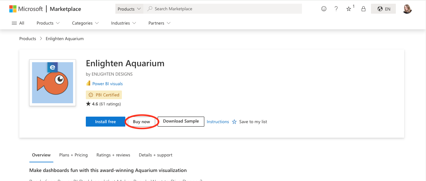 Screenshot of the Microsoft Marketplace showing the buy now button