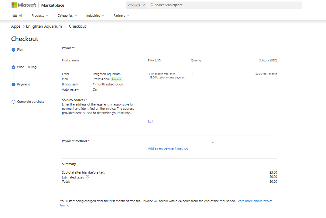 Screenshot of the Microsoft Marketplace showing the payment page