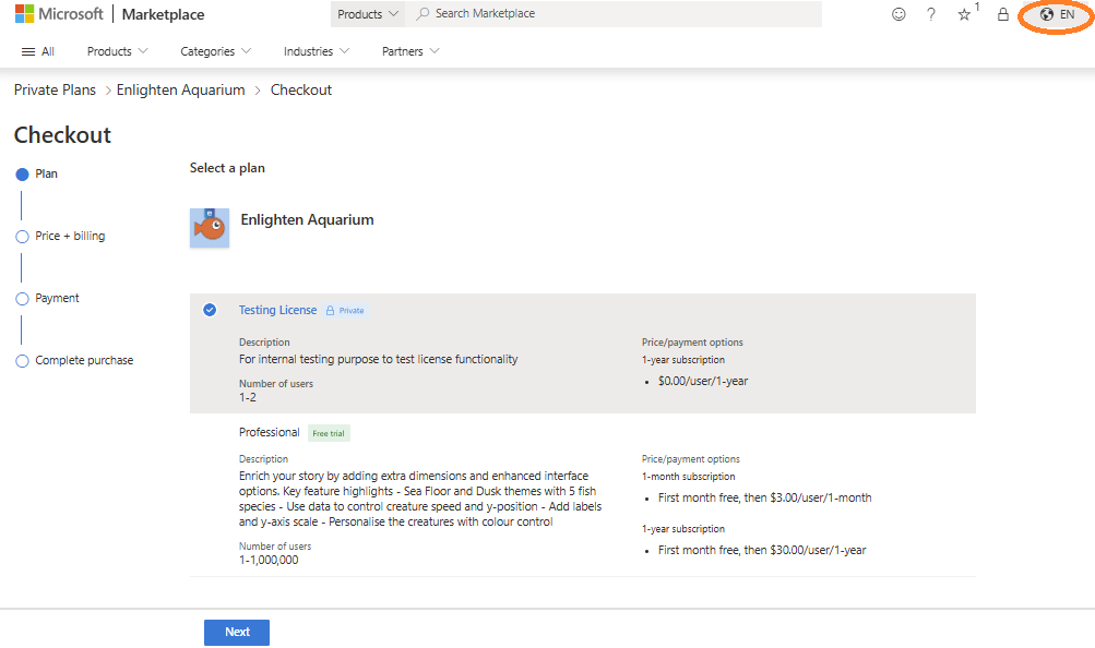 Screenshot of the Microsoft Marketplace showing the checkout page
