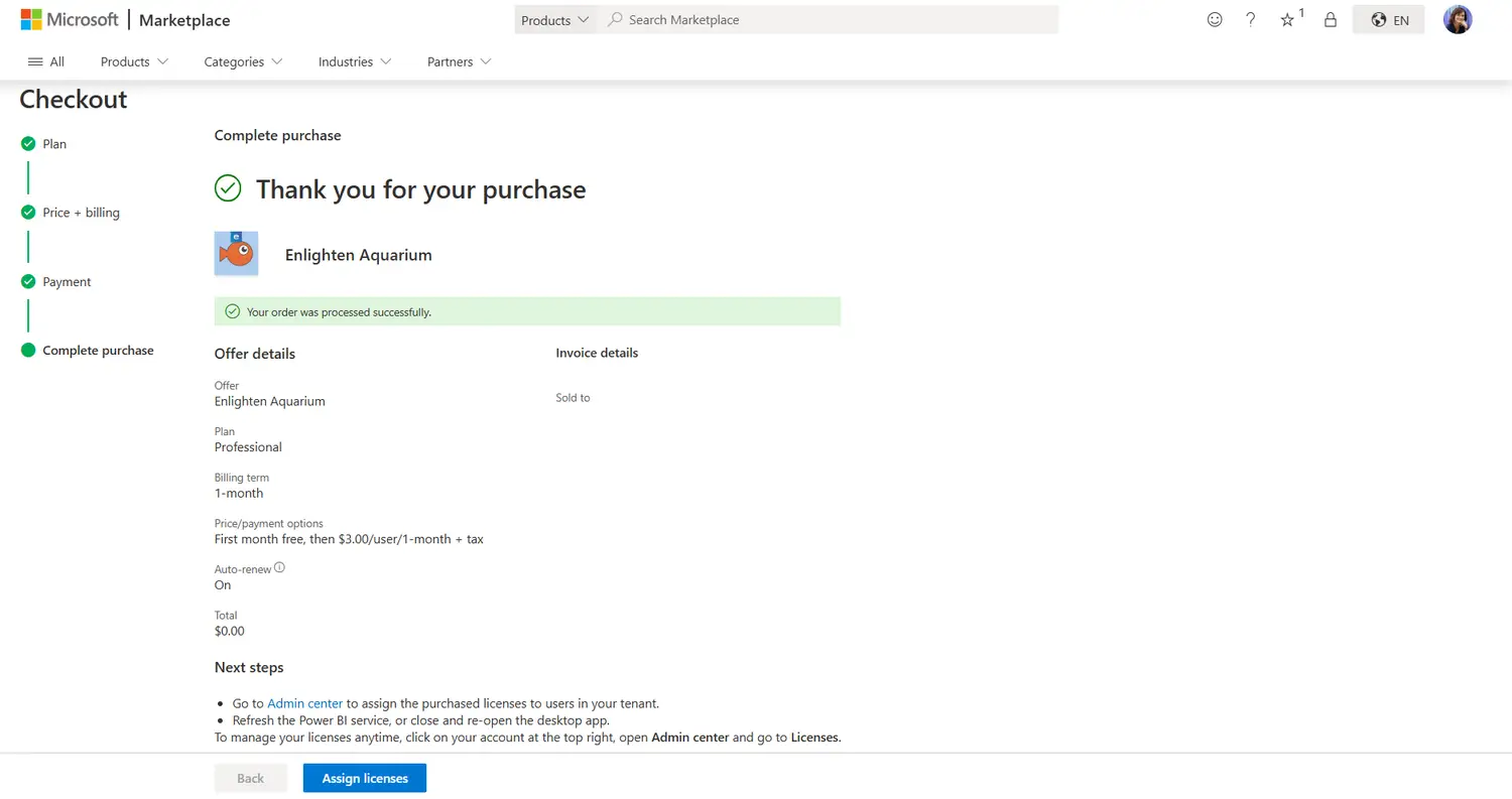 Screenshot of the Microsoft Marketplace showing the purchase completion page