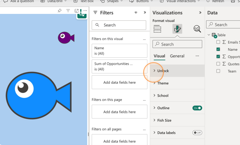 Screenshot in Power BI showing how to expand the unlock field